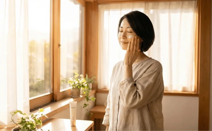 窓際で日差しを感じながらもUVケアをしている女性