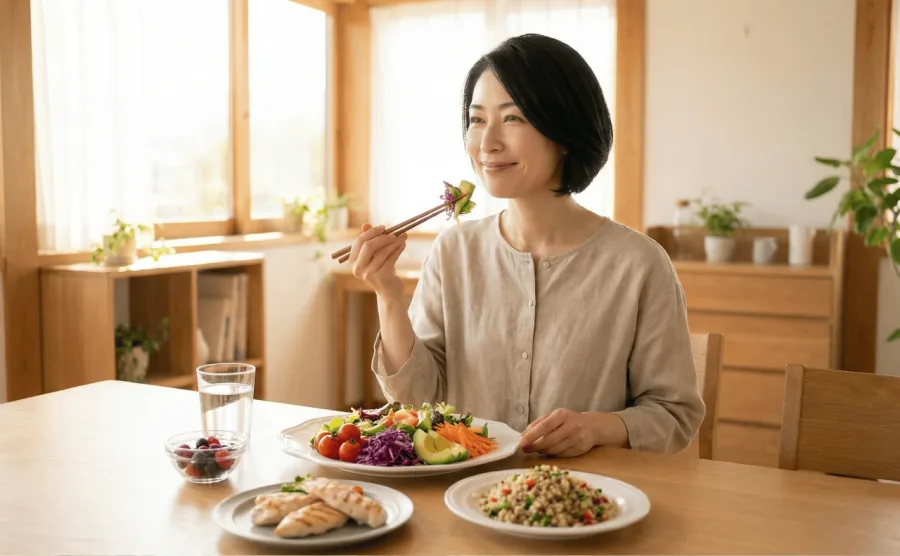彩り豊かな野菜サラダと血糖値を意識した食事をしている40代の女性