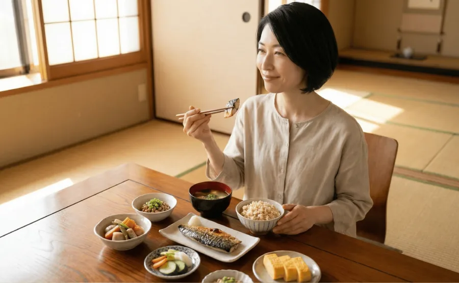 高タンパク質でバランスの取れた和定食を食べている女性
