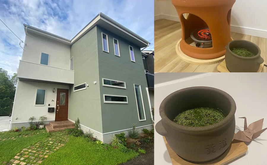 ベルソイルの自宅サロンと黄土の座浴器とモリンガの入った黄土壺の画像