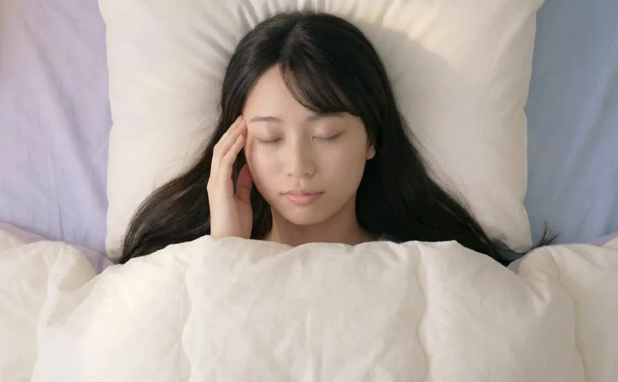 眠ろうとして考えてしまって寝付けない女性の画像