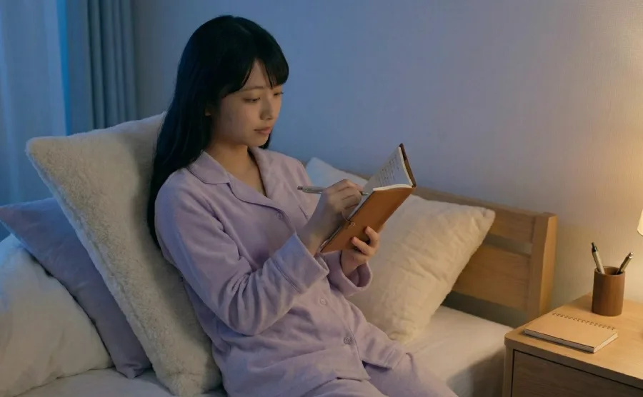 ベッドで寝る前に書き出しをしている女性の画像