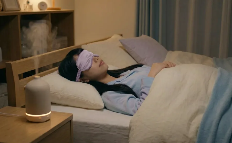 アイマスクをつけて寝ている女性の画像