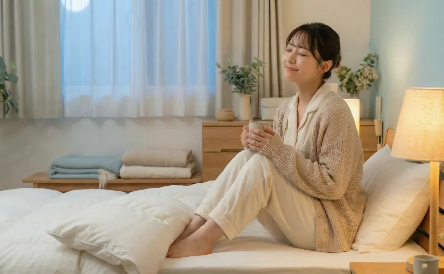 寝る前に暖かい飲み物を飲んでリラックスしている女性の画像