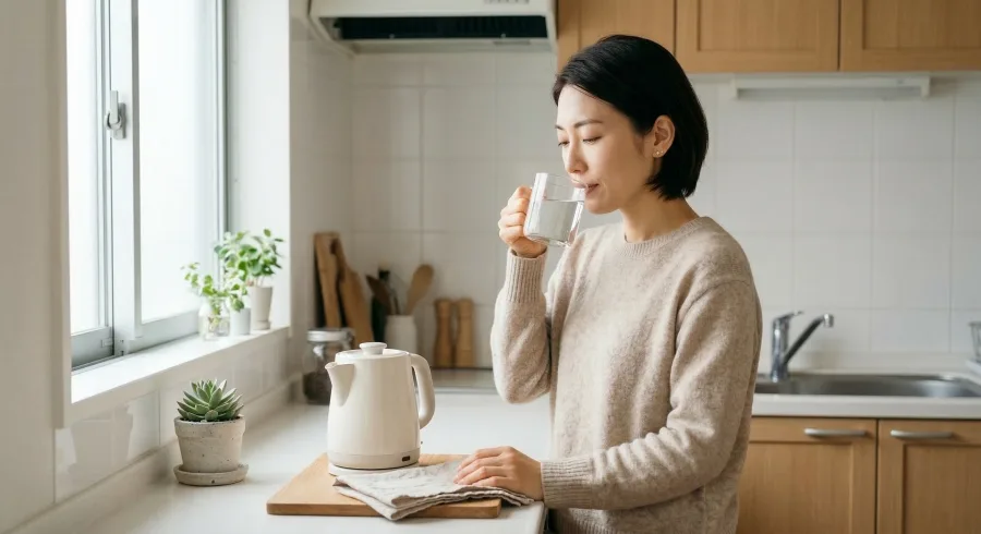 白湯を飲んで体を温める女性のセルフケア