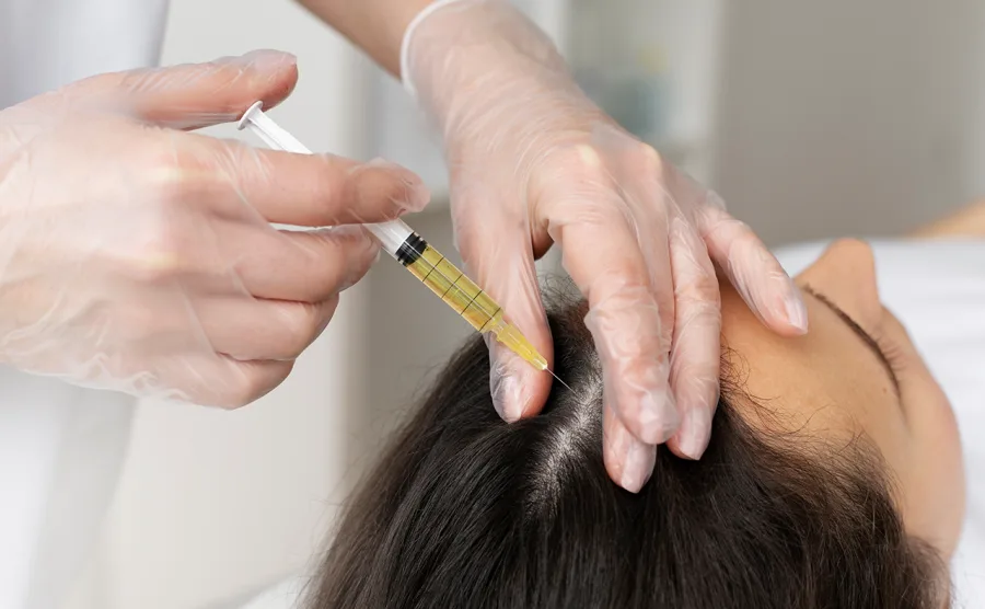 美容クリニックで頭皮に幹細胞培養液を注射している女性の画像