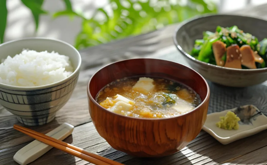 お味噌汁が中心にある朝食の画像