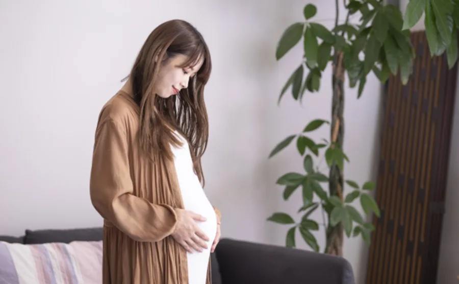 お腹をさすって優しい顔をして立っている妊婦さんの画像