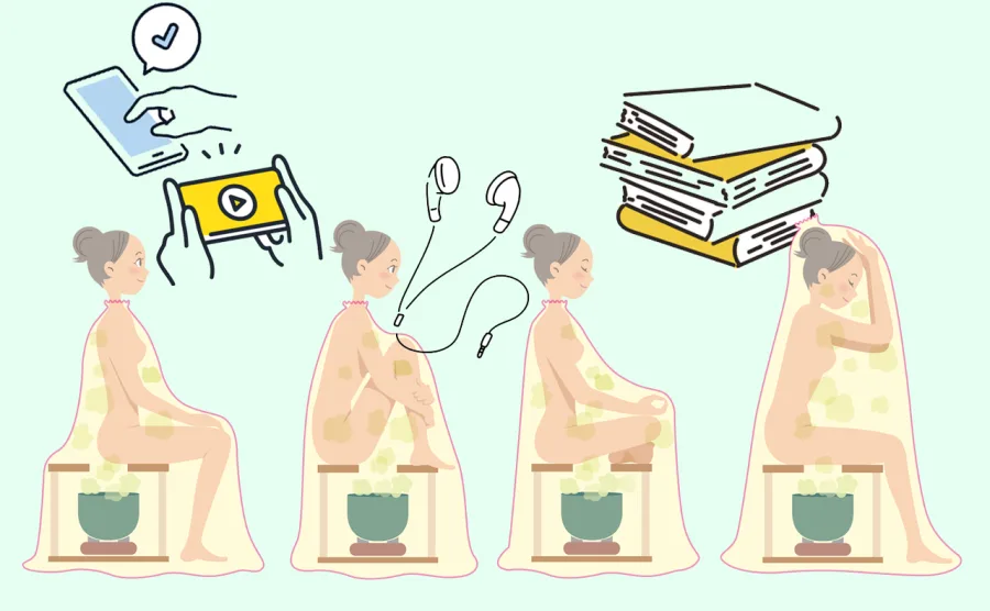 蒸している時の体制やスマホ、イヤホン、本を読むことができることを表現したイメージ図