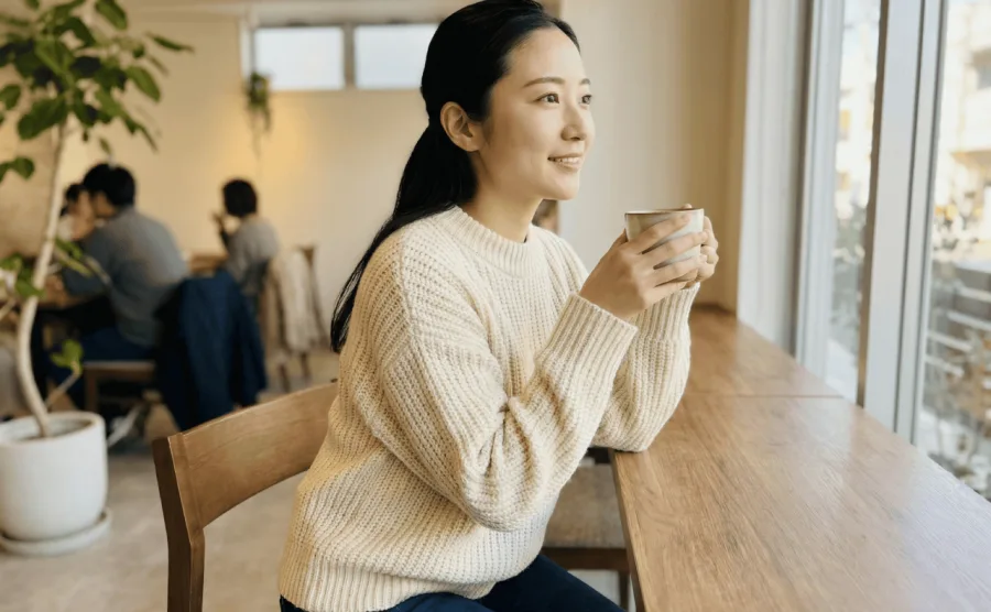 モリンガ蒸し後にカフェでリラックスする女性の様子。よもぎ蒸しとの体感の違いを体験レポートで紹介