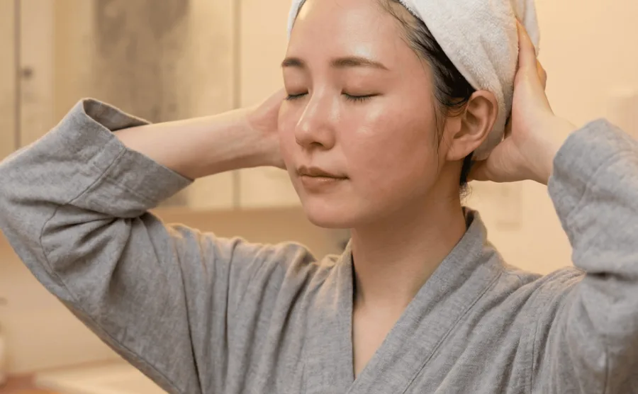 首から頭部をゆるめてほうれい線を予防するセルフケア。筋肉の緊張を緩和しフェイスラインを整える方法