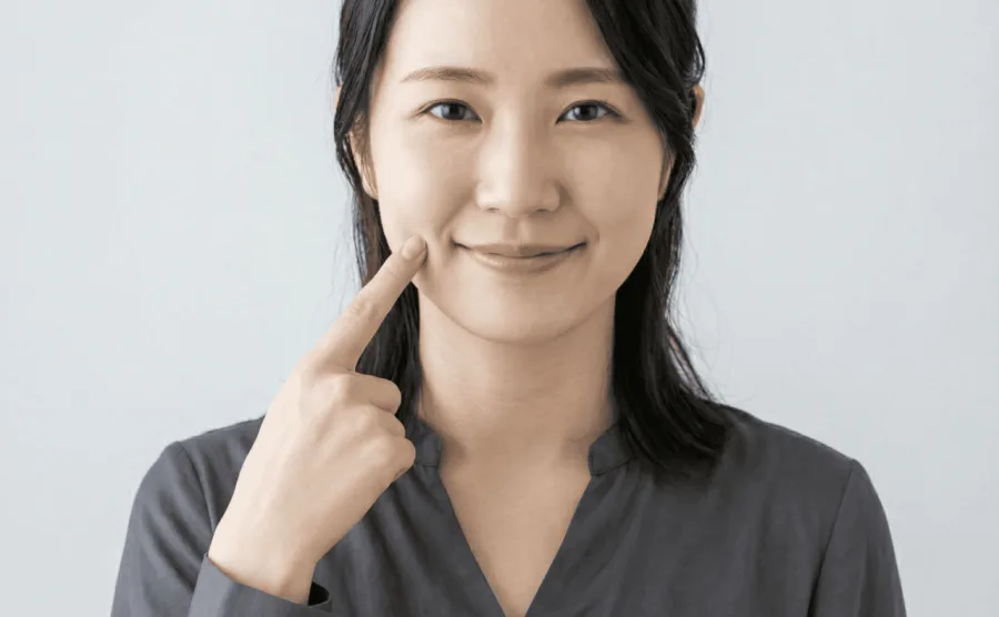 ほうれい線ができやすい頬の位置を示すイメージ。セルフケア前に確認したい顔の構造と筋肉の関係