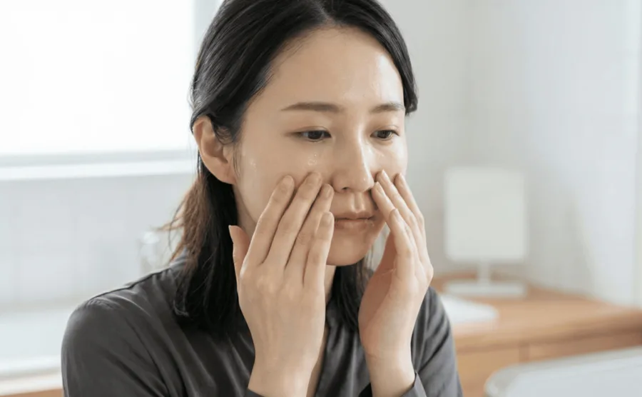 ほうれい線を薄くするために頬全体を包み込むセルフマッサージ。血行を促しハリ感を高める自宅ケア