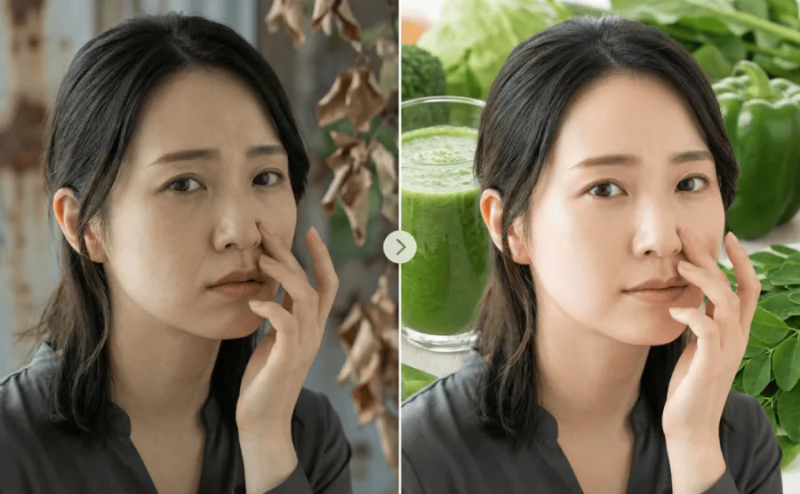 肌の糖化と酸化をイメージした枯れ葉と、モリンガなどの抗酸化インナーケアでほうれい線対策を行う健康的な肌のビフォーアフター