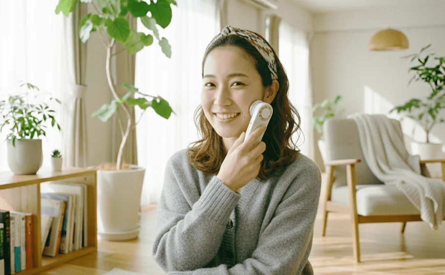 自宅でLEDライトケアをしているキレイな女性の画像