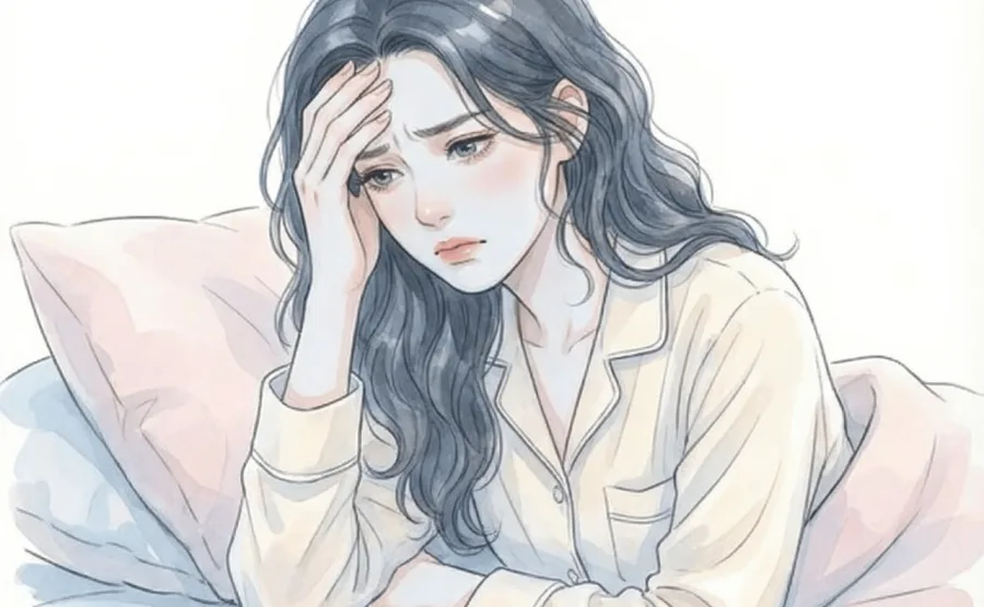 寝つけずに悩み、ベッドの上で考え込んでいる女性