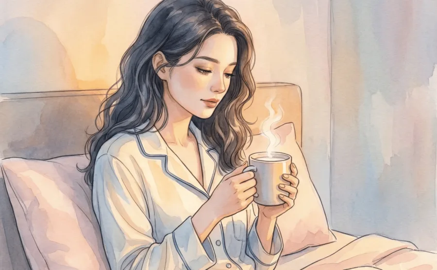 就寝前に温かい飲み物を飲みながらリラックスする女性