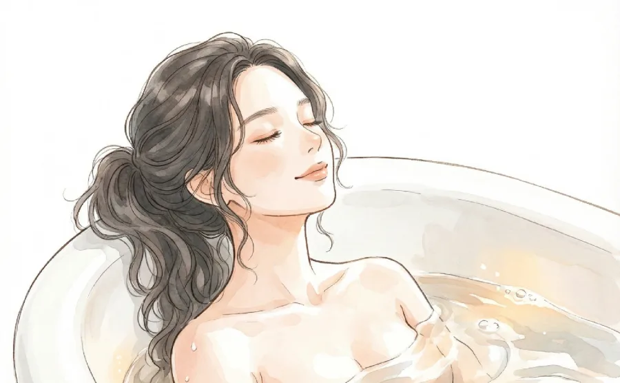 夜の入浴で体を温め、心身をリラックスさせている女性