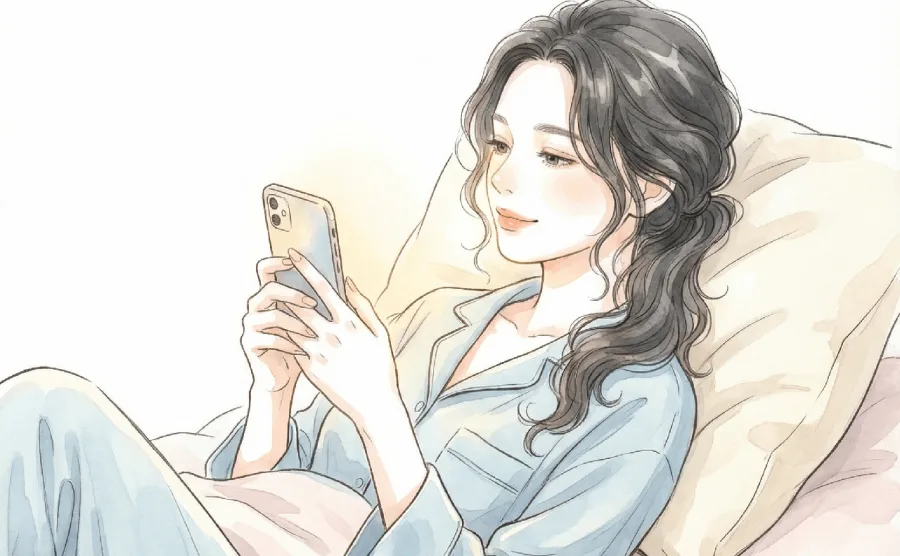 就寝前にベッドでスマートフォンを見ながらくつろぐ女性