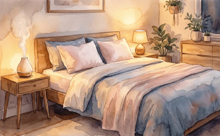 間接照明とアロマディフューザーでリラックス空間に整えられた寝室