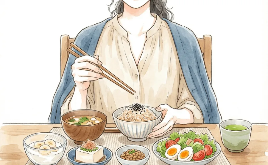 睡眠の質を高めるために納豆や味噌汁などバランスの良い和食を食べる女性