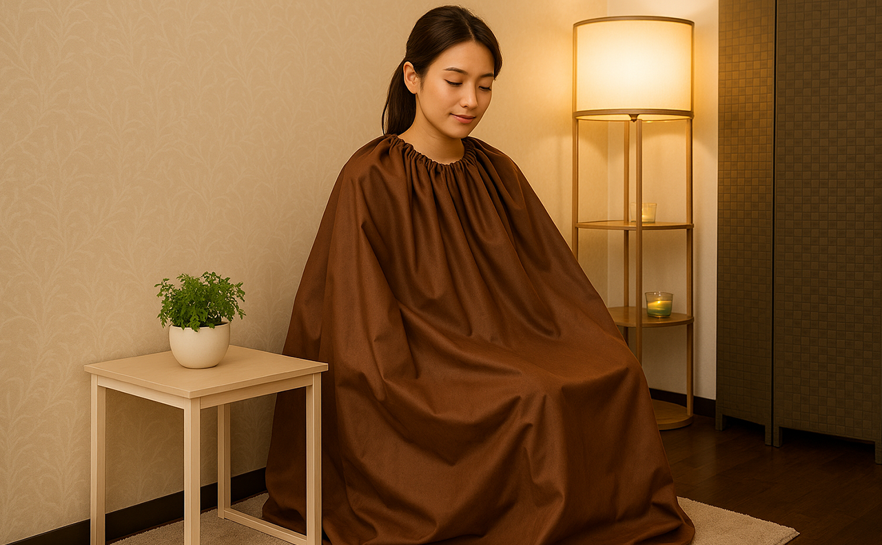 焦茶色のガウンを着てモリンガ蒸しをしている女性の画像