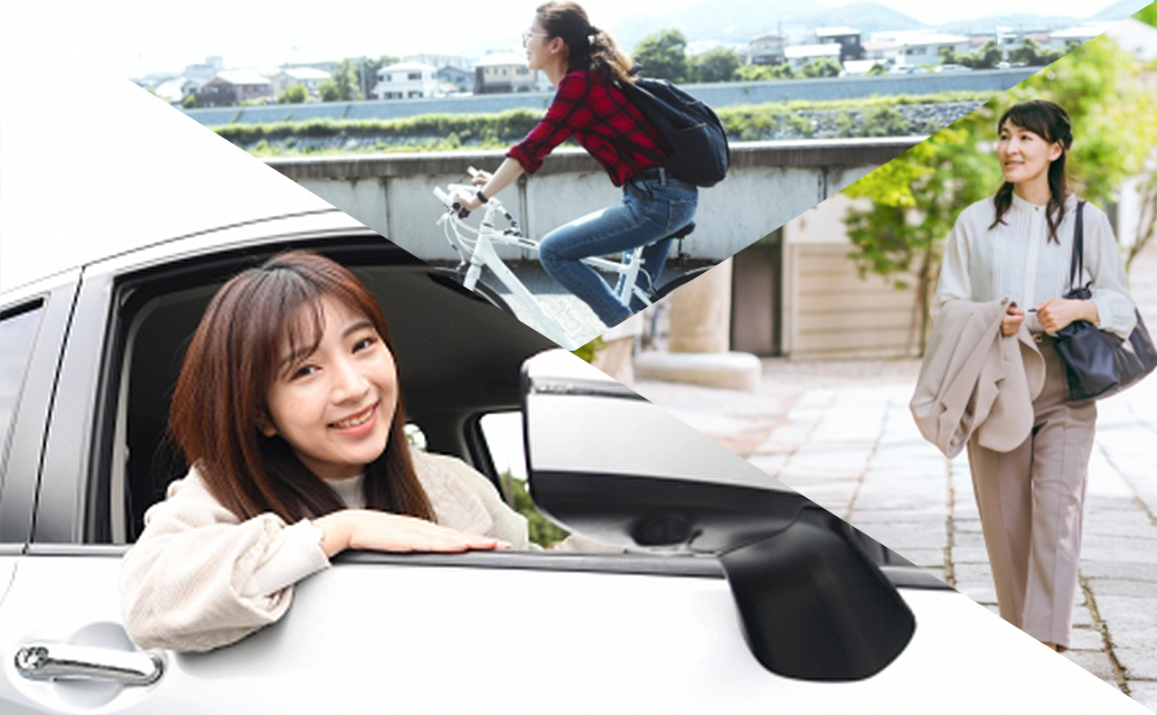 車から顔を出している女性と自転車、歩いている女性が写っている通いやすさをイメージした画像